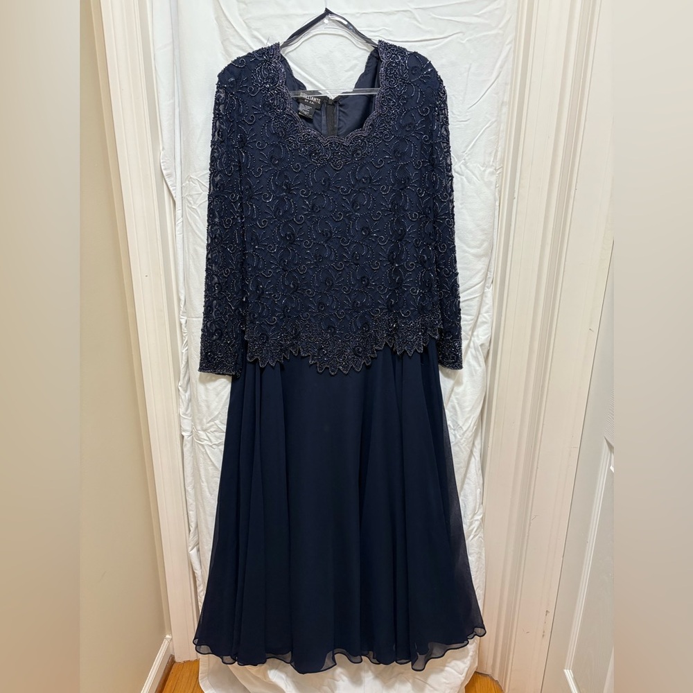 Brilliante by JA Navy Beaded Lace Long Sleeve Gown